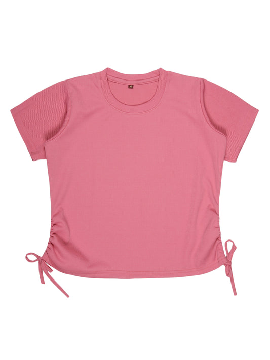 Youngly Women's Ribbed Half Sleeve Round Neck Regular Fit T-Shirt with Tie-Sides