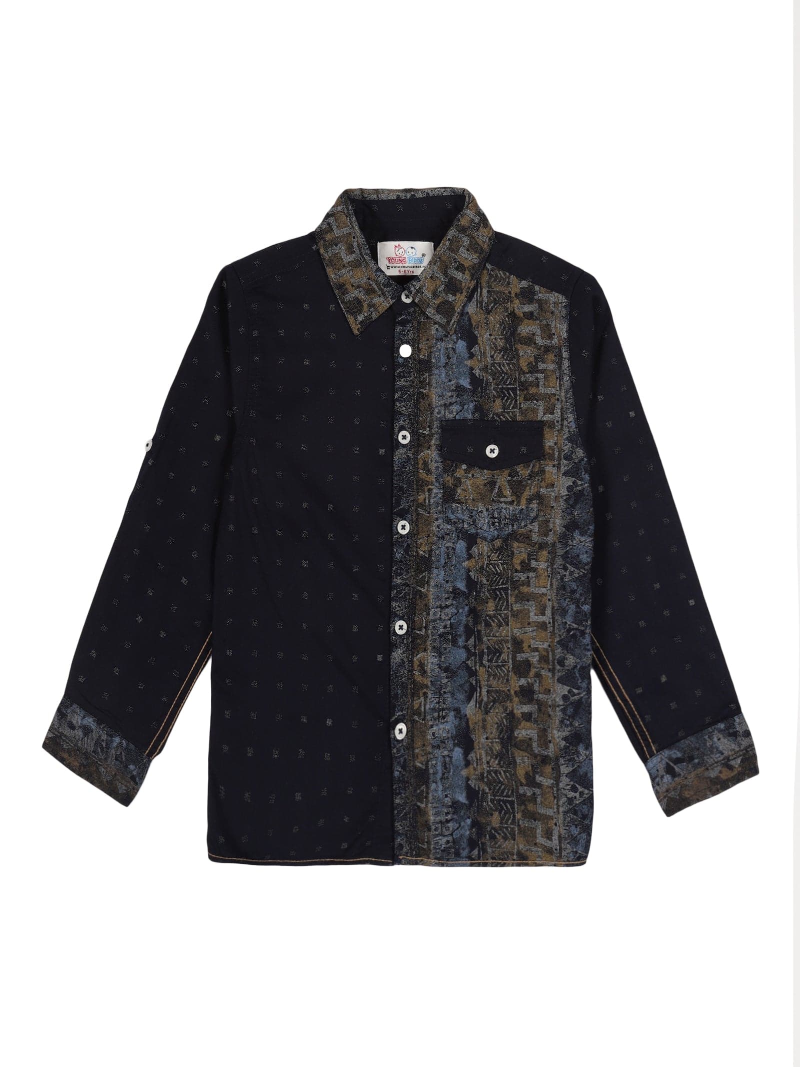 Young Birds Border Print Roll Up Sleeve Shirt