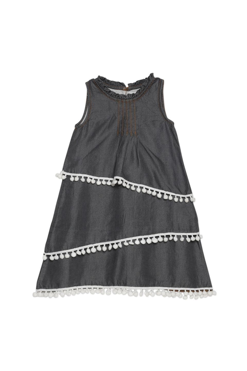 Young Birds Denim Dress with Pom Pom Lace