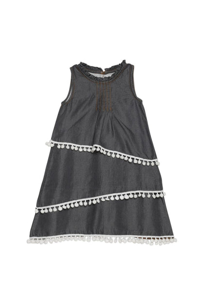 Young Birds Denim Dress with Pom Pom Lace