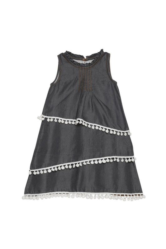 Young Birds Denim Dress with Pom Pom Lace